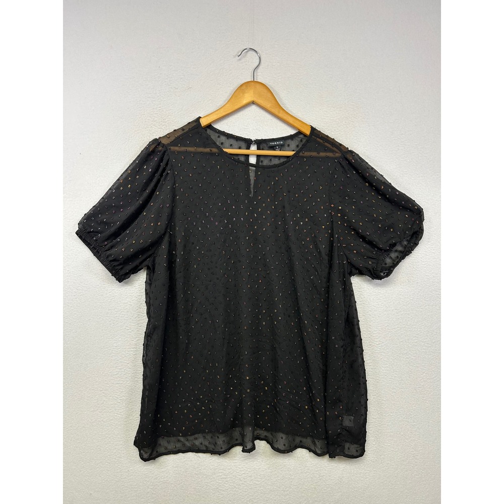 Whimsigoth Torrid Womens 1 Black Metallic Clip Dot Puff Sleeve Sheer Blouse